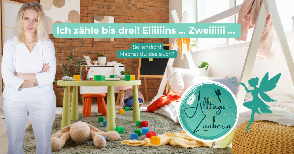 Genervte Mama mit verschränkten Armen im Kinderzimmer, "Ich zähle bis drei" – warum schreie ich mein Kind an? Beitragsbild zum Blogartikel